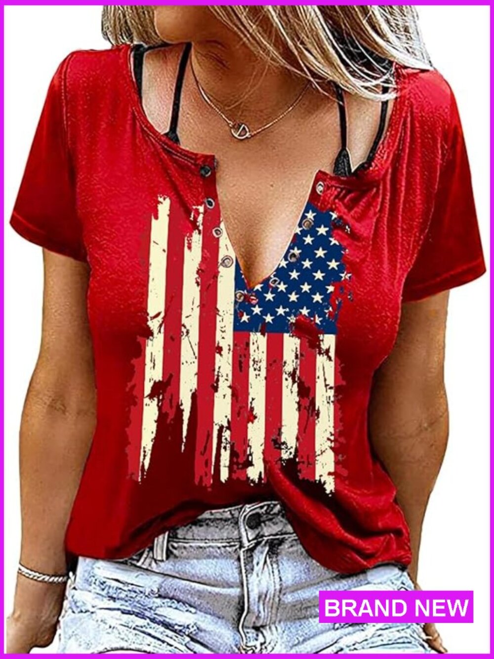 Sexy V-Neck T-Shirt with Ring Hole Detail Retro Short Sleeve Patriotic Top